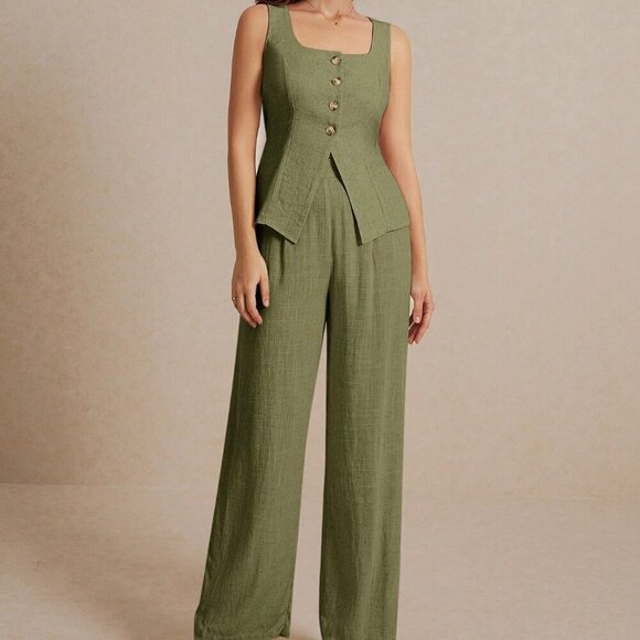 Army Green Casual Women's Summer Linen Sleeveless Vest Top And Trousers Set - Picture 4 of 8